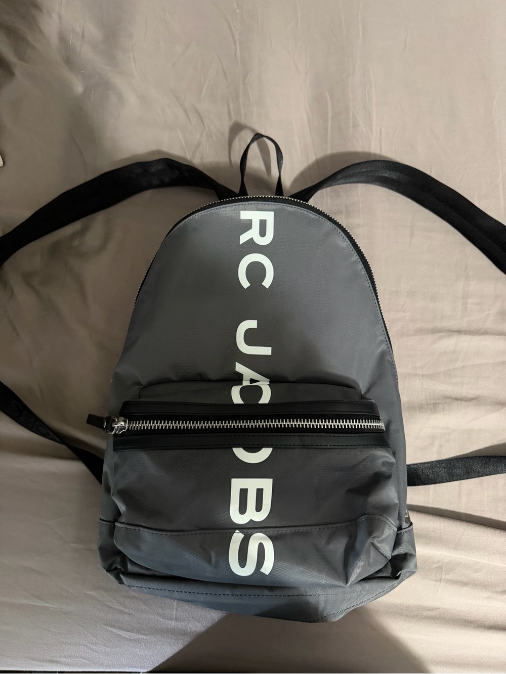 Marc Jacobs Gray Backpack with White Vertical Logo worn once !